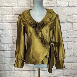 Mona Vie metallic bronze ruffle pleat wrap blouse